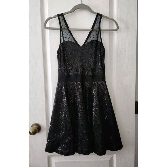 Express Sequin Dress Women's Black Mesh Overlay Sleeveless Side Zip Mini Size XS - Picture 2 of 11